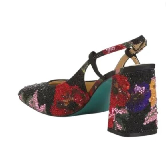 Betsey Johnson New in Box Women's size 9 Black Multi Floral Rhinestone Heels - Picture 4 of 5